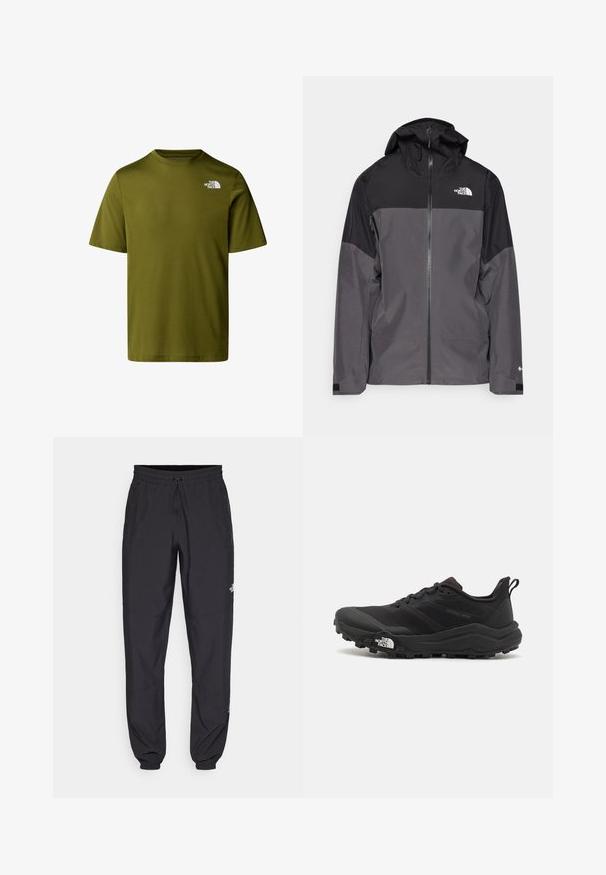 Harmaa vedenpitävä takki, jossa on musta yläosa, vetoketjullinen etuosa, säädettävä huppu ja joustavat hihansuut. Rinnassa ja hihassa on logo.; Oliivinvihreä, lyhythihainen t-paita pehmeästä kankaasta; siinä on pieni valkoinen logo vasemmassa ylärinnassa. Klassinen pyöreä pääntie.; Mustat urheiluhousut, jotka on valmistettu kevyestä kankaasta. Housuissa on naru vyötäröllä, sivutaskut ja kapenevat hihnat nilkoissa.; Musta maastojuoksukengät, joissa on teksturoitu päällinen, kumipohja ja vahvistettu varvastoppia. Varusteena pehmustettu nilkkakappale ja vetotappi helppoa pukemista varten.