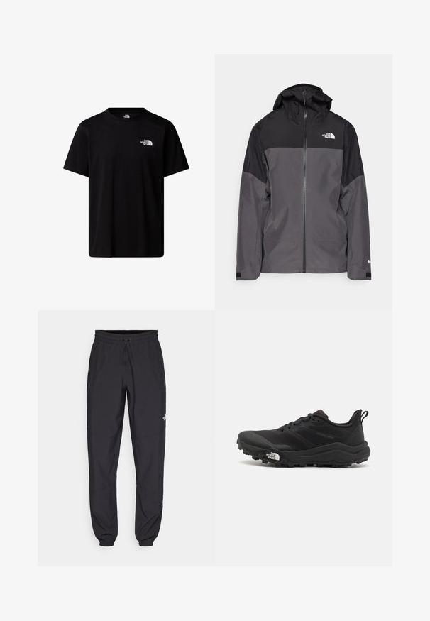 Siva vodoodbojna jakna z črnim zgornjim delom, zadrgo spredaj, nastavljivo kapuco in elastičnimi manšetami. Ima logotip na prsih in rokavih.; Črno bombažno majico s kratkimi rokavi in krožnim izrezom krasi majhen bel logotip na levem prsnem delu.; Črne atletske hlače iz lahkega materiala, ki imajo elastični pas z vezalko, stranske žepe in zožene manšete na gležnjih.; Črne tekaške čevlje za trail s teksturirano zgornjega dela, gumijastim podplatom in ojačanim zaključkom prstov. Vključuje oblazinjen ovratnik in zanko za enostavno obuvanje.