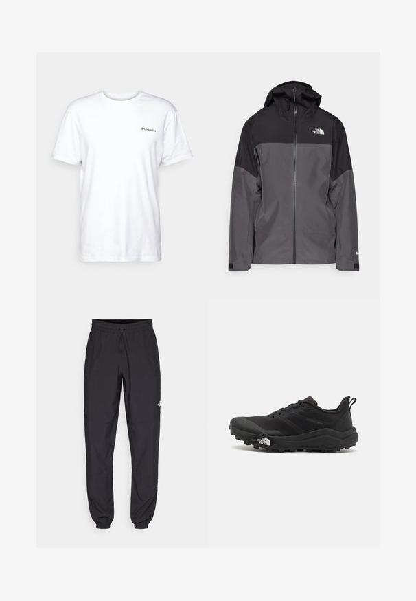 Pilkas vandeniui atsparus švarkas su juodu viršutiniu įdėklu, užtrauktuku priekyje, reguliuojamu gaubtu ir elastingomis rankovėmis. Yra logotipas ant krūtinės ir rankovės.; Balta medvilnės marškinėliai trumpomis rankovėmis, apvaliu kaklu ir mažuoju juodu Columbia logotipu kairėje krūtinės pusėje. Minkštas, paprastas dizainas.; Juodos sportinės kelnės, pagamintos iš lengvos medžiagos, su raišteliu liemens srityje, šoniniais kišenėmis ir siaurėjantys apykaklės prie kulkšnies.; Juoda bėgimo batai su tekstūruotu paviršiumi, guma padais ir sustiprinta pirštų dalimi. Yra paminkštinta apykaklė ir kilpos, leidžiančios lengvai užsidėti.