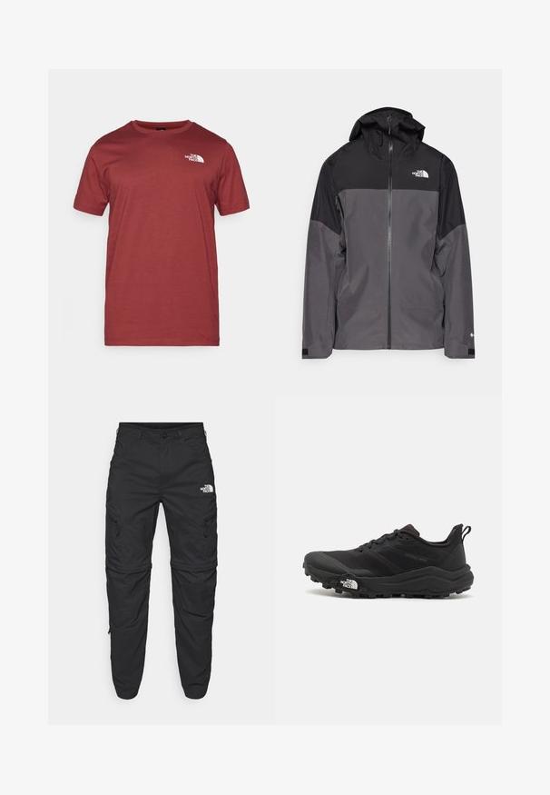 Chaqueta impermeable gris con sección superior negra, cierre frontal con cremallera, capucha ajustable y puños elásticos. Presenta un logo en el pecho y la manga.; The North Face M SS BOX NSE TEE - Camiseta estampada - sumac/asphalt grey; The North Face EXPLORATION TAPERED CONVERTIBLE - Pantalones montañeros largos - black; Zapatilla de trail running negra con upper texturizado, suela de goma y puntera reforzada. Presenta un collar acolchado y una lengüeta para poner y quitar fácilmente.