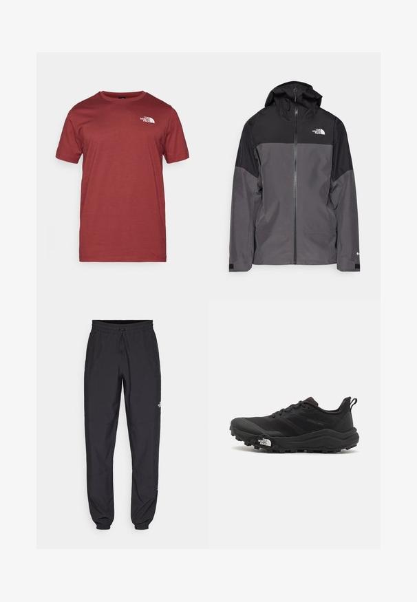 Chaqueta impermeable gris con sección superior negra, cierre frontal con cremallera, capucha ajustable y puños elásticos. Presenta un logo en el pecho y la manga.; The North Face M SS BOX NSE TEE - Camiseta estampada - sumac/asphalt grey; Pantalones deportivos negros hechos de un tejido ligero, con una cinturilla ajustable, bolsillos laterales y puños ajustados en los tobillos.; Zapatilla de trail running negra con upper texturizado, suela de goma y puntera reforzada. Presenta un collar acolchado y una lengüeta para poner y quitar fácilmente.