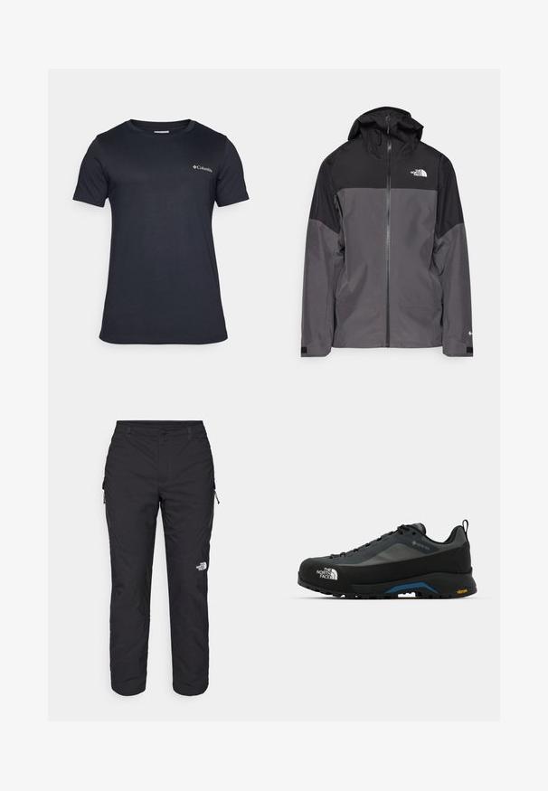 Chaqueta impermeable gris con sección superior negra, cierre frontal con cremallera, capucha ajustable y puños elásticos. Presenta un logo en el pecho y la manga.; Columbia RAPID RIDGE™ BACK GRAPHIC TEE - Camiseta estampada - black; The North Face WINTER EXPLORATION TAPERED CARGO - Pantalones montañeros largos - black; The North Face VERTO ALPINE GORE TEX - Zapatillas de senderismo - asphalt grey/tnf black