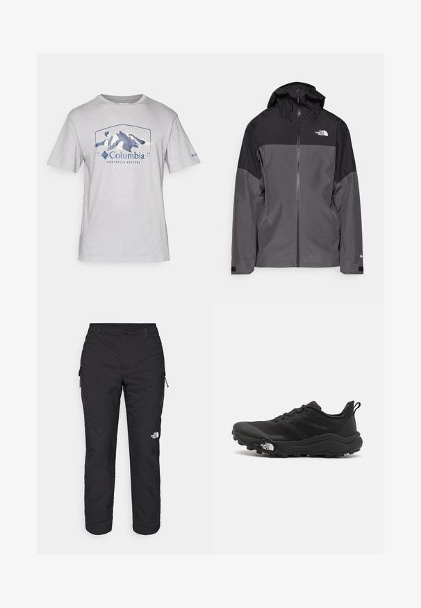 Hallide hall matroos jope, millel on must ülemine osa, lukuga esiosa, reguleeritav kapuuts ja elastsed varrukad. Selles on rinnal ja varrukal logo.; Hall t-särk lühikeste varrukatega, valmistatud pehmest kangast, millel on sinine mägigraafika ja tekst "Columbia Sportswear Company". Lihtne, ümberkaela disain.; The North Face WINTER EXPLORATION TAPERED CARGO - Õuepüksid - black; Must tume jooksujalats musta värvi, tekstuurse ülemise osaga, kummist tallaga ja tugevdatud varbaga. Omab pehmendusega krae ja tõmblinti mugavaks selga panemiseks.