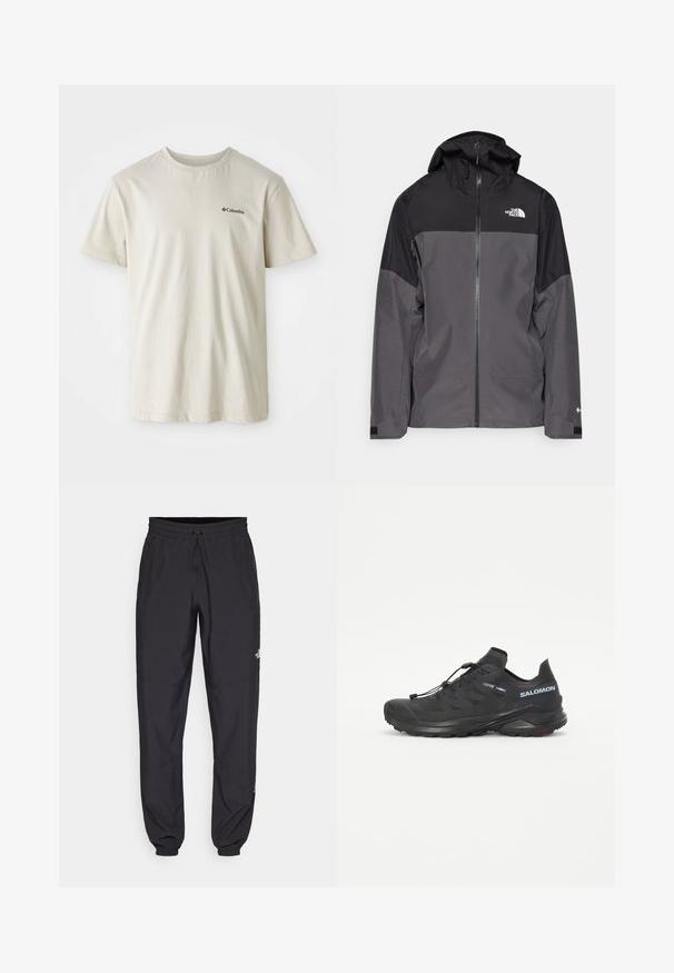 Giacca impermeabile grigia con sezione superiore nera, zip frontale, cappuccio regolabile e polsini elasticizzati. Presenta il logo sul petto e sulla manica.; T-shirt in cotone beige con maniche corte, collo rotondo e un piccolo logo nero sull'area sinistra del petto. Tessuto liscio e senza decorazioni.; Pantaloni sportivi neri realizzati in tessuto leggero, con vita regolabile con cordino, tasche laterali e orli affusolati alle caviglie.; Scarpa da trail running nera con tomaia strutturata, lacci elastici e suola Contagrip. Offre una vestibilità aderente e una protezione per le dita.