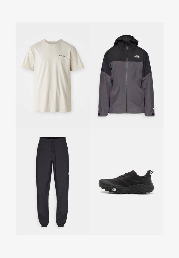 Gray waterproof jacket with a black upper section, zippered front, adjustable hood, and elastic cuffs. Features logo on chest and sleeve.; Beige cotton t-shirt with short sleeves, crew neck, and a small black logo on the left chest area. Smooth, unadorned fabric.; Black athletic pants made from lightweight fabric, featuring a drawstring waistband, side pockets, and tapered cuffs at the ankles.; Black trail running shoe with a textured upper, rubber sole, and reinforced toe cap. Features a padded collar and pull tab for easy wear.