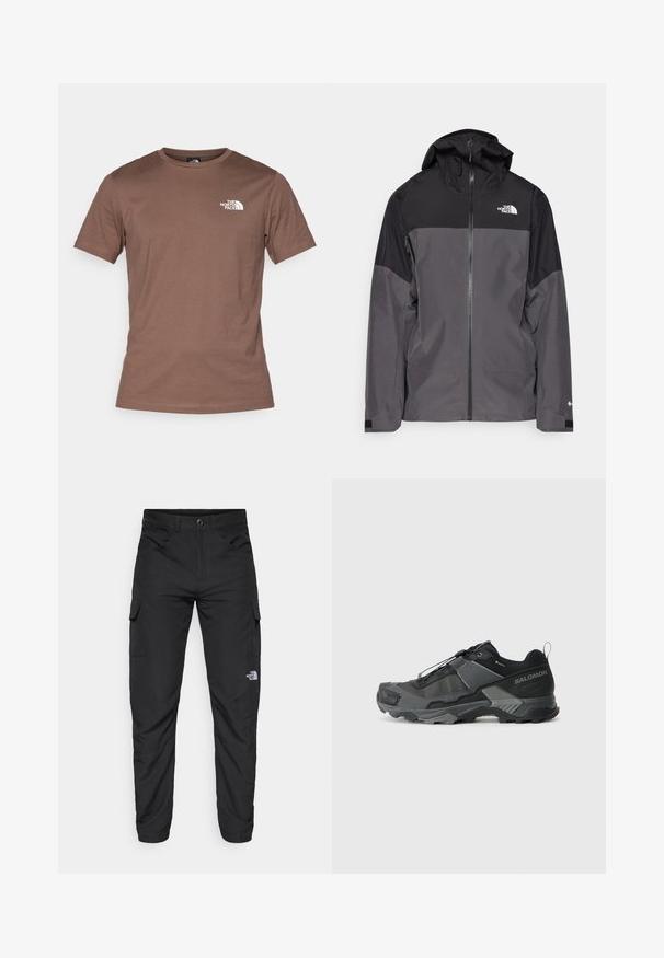 Šedá nepremokavá bunda s čiernou hornou časťou, so zipsom vpredu, nastaviteľnou kapucňou a elastickými manžetami. Obsahuje logo na hrudi a rukáve.; The North Face M SS SIMPLE DOME TEE - Športové tričko - smokey brown; The North Face HORIZON PANT - Outdoorové nohavice - black; Čierna trailová bežecká obuv s odolným sieťovým vrchom, zosilneným špičkou, štruktúrovanou gumovou podrážkou a elastickým šnurovacím systémom pre bezpečné uchytenie.