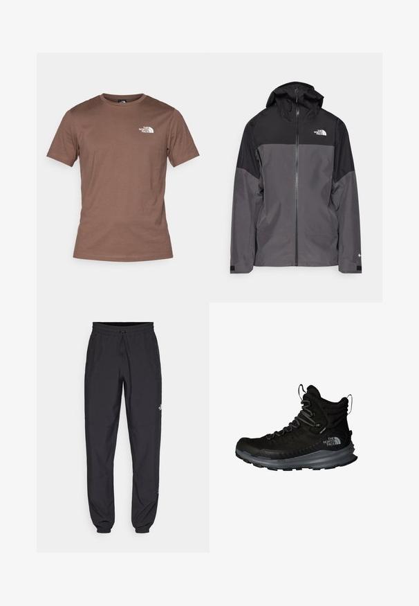Gray waterproof jacket with a black upper section, zippered front, adjustable hood, and elastic cuffs. Features logo on chest and sleeve.; The North Face M SS SIMPLE DOME TEE - Sports T-shirt - smokey brown; Black athletic pants made from lightweight fabric, featuring a drawstring waistband, side pockets, and tapered cuffs at the ankles.; The North Face VECTIV FASTPACK INSULATED WP - Hiking shoes - tnf black vanadis grey