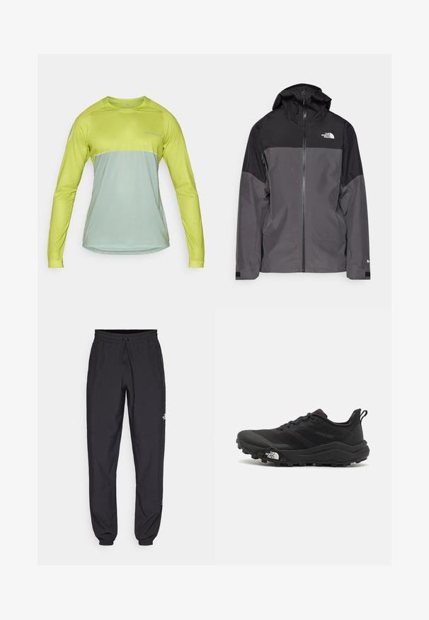 Gray waterproof jacket with a black upper section, zippered front, adjustable hood, and elastic cuffs. Features logo on chest and sleeve.; Long-sleeve performance shirt in bright lime green and muted mint green, featuring a round neckline and a lightweight, breathable fabric.; Black athletic pants made from lightweight fabric, featuring a drawstring waistband, side pockets, and tapered cuffs at the ankles.; Black trail running shoe with a textured upper, rubber sole, and reinforced toe cap. Features a padded collar and pull tab for easy wear.