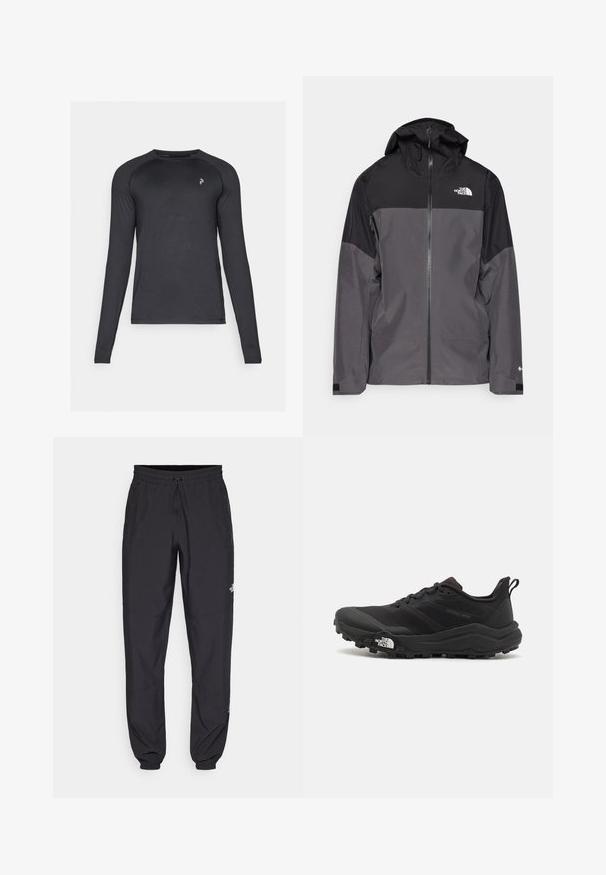 Hallide hall matroos jope, millel on must ülemine osa, lukuga esiosa, reguleeritav kapuuts ja elastsed varrukad. Selles on rinnal ja varrukal logo.; Peak Performance SPIRIT CREW - Pikkade varrukatega topp - black; Mustavad sportlikud püksid, mis on valmistatud kergest kangast, joonlauaga taljest, küljetaskudega ja kitsenevate varrukatega pahkluude juures.; Must tume jooksujalats musta värvi, tekstuurse ülemise osaga, kummist tallaga ja tugevdatud varbaga. Omab pehmendusega krae ja tõmblinti mugavaks selga panemiseks.