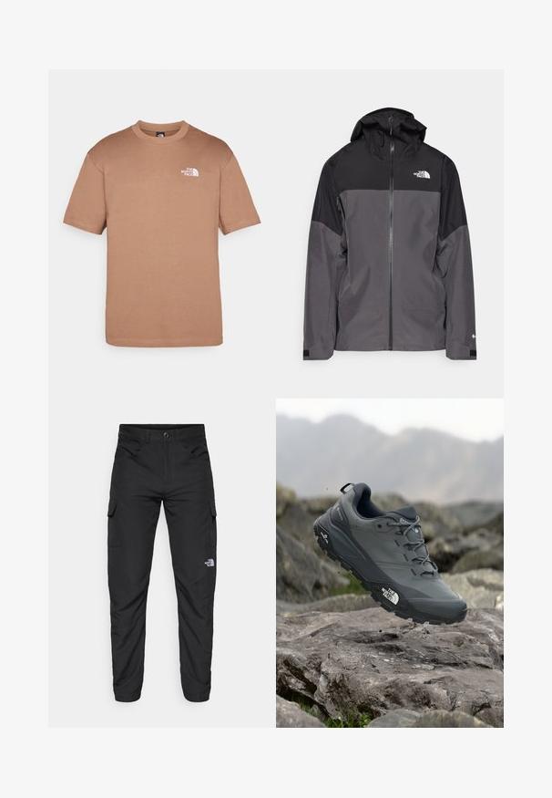 Grå vandtæt jakke med en sort overdel, lynlås foran, justerbar hætte og elastiske manchetter. Har logo på brystet og ærmet.; Brun bomulds T-shirt med rund hals, korte ærmer, og et hvidt logo på venstre bryst. Blød tekstur, almindelig pasform.; The North Face HORIZON PANT - Outdoorbukser - black; Grå trail løbesko med en tekstureret overdel, slidstærk gummisål og forstærket tåkap. Har snørebånd og mærkelogo på siden.
