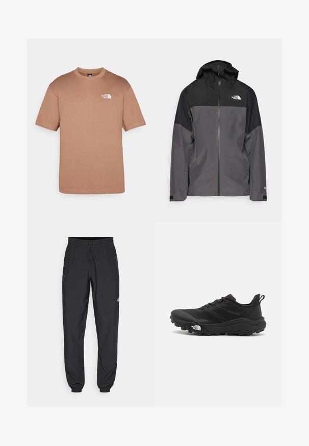Pelēks ūdensnecaurlaidīgs mētelis ar melnu augšējo daļu, ar rāvējslēdzēja priekšpusi, regulējamu kapuci un elastīgām aprocēm. Iekļauj logotipu uz krūtīm un piedurknēm.; Brūns kokvilnas T-krekls ar apaļu dekoltē, īsām piedurknēm un baltu logotipu kreisajā krūtī. Mīksta tekstūra, regulāra piegriezuma.; Melni sporta bikses, kas izgatavotas no viegla auduma, ar savelcamu jostu, sānu kabatām un sašaurinātiem apakšējiem galiem pie potītēm.; Melnas taku skriešanas kurpes ar teksturētu virsu, gumijas zoli un pastiprinātu pirkstu daļu. Aprīkotas ar mīkstu apkakli un vilkšanas cilpu, lai viegli uzvilktu.
