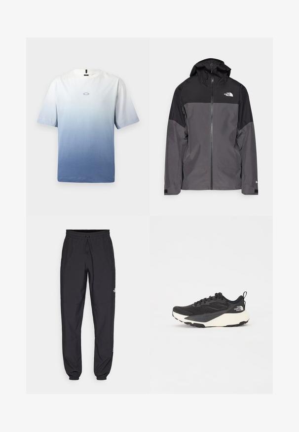 Hallide hall matroos jope, millel on must ülemine osa, lukuga esiosa, reguleeritav kapuuts ja elastsed varrukad. Selles on rinnal ja varrukal logo.; Puuvillane T-särk, millel on valgest siniseks liuguv gradient, lühikesed varrukad, ümmargune kaelus ja rindkere keskel väike logo.; Mustavad sportlikud püksid, mis on valmistatud kergest kangast, joonlauaga taljest, küljetaskudega ja kitsenevate varrukatega pahkluude juures.; Must have musta sportlik king, millel on tekstureeritud võrgu ülemine osa, soliidne mustade aktsentidega ja kerge valge tallaga. Omab kinnituspaelu ja tõmbeaset.