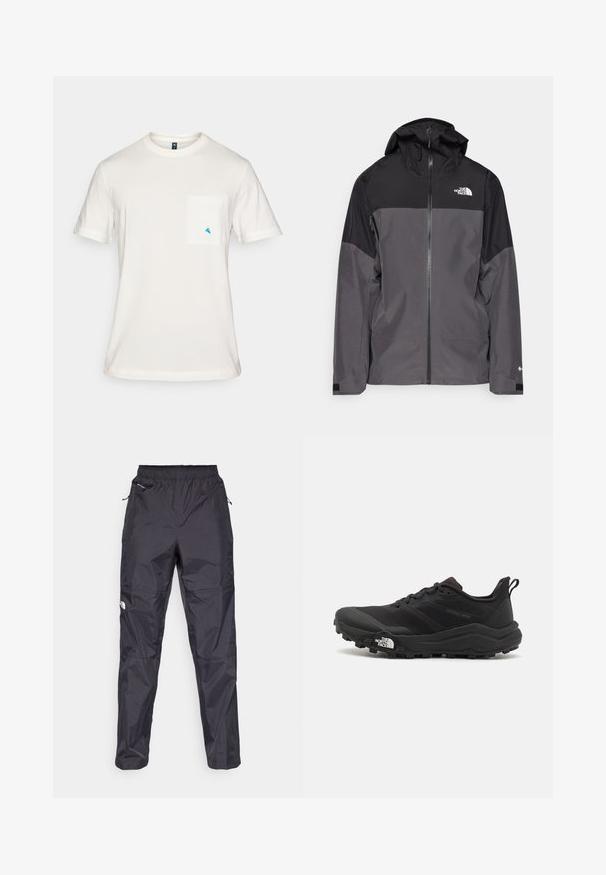 Grå vattentät jacka med svart övre del, dragkedja fram, justerbar huva och elastiska ärmslut. Har logotyp på bröstet och ärmen.; Vit bomullströja med korta ärmar, rund hals och en ficka på vänster bröst med en liten blå triangulär logotyp.; Svarta vattentäta byxor tillverkade av lätt, texturerat material. Har en elastisk midja och dragkedjefickor.; Svart terränglöparsko med en strukturerad ovandel, gummisula och förstärkt tåhätta. Har en vadderad krage och en dragflik för enkel påtagning.
