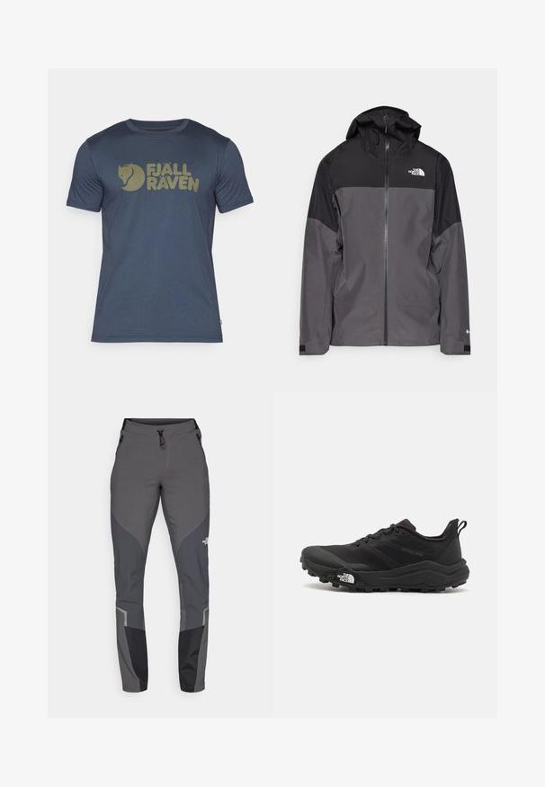 Šedá nepromokavá bunda s černou horní částí, zipem vpředu, nastavitelnou kapucí a elastickými manžetami. Na hrudi a rukávu je logo.; Krátký rukáv tmavě modrého trička vyrobeného z měkké látky, které se vyznačuje velkým kontrastním světle hnědým logem s stylizovanou liškou a názvem značky.; Šedé turistické kalhoty s užším střihem, mnoha kapsami a kontrastními tmavě šedými a černými akcenty. Vyrobené z flexibilního a odolného materiálu.; Černé trailové běžecké boty s texturovaným svrškem, gumovou podrážkou a vyztuženou špičkou. Obsahují polstrovaný límec a poutko pro snadné obouvání.