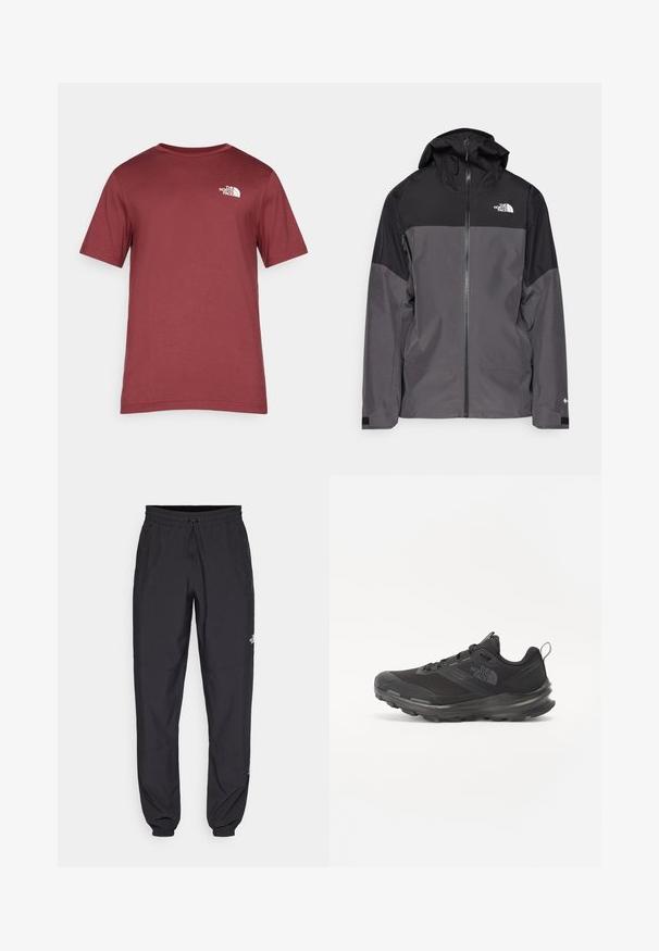 Szara wodoodporna kurtka z czarną górną częścią, zapinana na zamek, z regulowanym kapturem i elastycznymi mankietami. Posiada logo na klatce piersiowej i rękawie.; Czerwona bawełniana koszulka z okrągłym dekoltem, krótkimi rękawami i białym logo po lewej stronie klatki piersiowej. Gładka faktura i klasyczny fason.; Czarne spodenki sportowe wykonane z lekkiego materiału, z elastycznym pasem na sznurek, bocznymi kieszeniami i zwężanymi mankietami przy kostkach.; Czarne buty sportowe z siateczkowym wierzchem, gumową podeszwą i wyściełanym kołnierzem. Posiadają sznurówki, logo z boku oraz teksturowany wzór.
