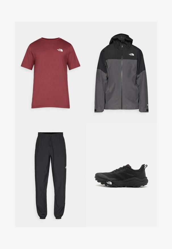Casaco impermeável cinza com uma seção superior preta, fecho éclair à frente, capuz ajustável e punhos elásticos. Apresenta um logo no peito e na manga.; T-shirt vermelha de algodão com decote redondo, mangas curtas e um logotipo branco no peito esquerdo. Textura suave e ajuste clássico.; Calças atléticas pretas feitas de tecido leve, com um cós ajustável por cordão, bolsos laterais e punhos afunilados nos tornozelos.; Sapatilha de trail running preta com um upper texturizado, sola de borracha e biqueira reforçada. Possui um colarinho acolchoado e uma alça para facilitar o calçar.