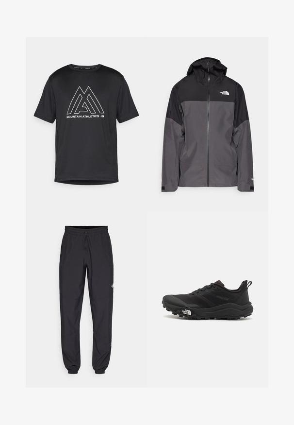 Hallide hall matroos jope, millel on must ülemine osa, lukuga esiosa, reguleeritav kapuuts ja elastsed varrukad. Selles on rinnal ja varrukal logo.; Must valgus-särgid lühikeste varrukatega, valmistatud sünteetilisest materjalist, esiküljel valge geomeetrilise logo ja teksti "MOUNTAIN ATHLETICS".; Mustavad sportlikud püksid, mis on valmistatud kergest kangast, joonlauaga taljest, küljetaskudega ja kitsenevate varrukatega pahkluude juures.; Must tume jooksujalats musta värvi, tekstuurse ülemise osaga, kummist tallaga ja tugevdatud varbaga. Omab pehmendusega krae ja tõmblinti mugavaks selga panemiseks.