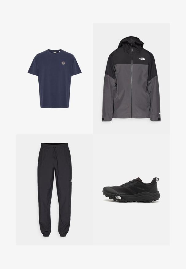 Šedá nepremokavá bunda s čiernou hornou časťou, so zipsom vpredu, nastaviteľnou kapucňou a elastickými manžetami. Obsahuje logo na hrudi a rukáve.; Námornícky modré pánske tričko z bavlny, krátke rukávy, okrúhly výstrih, na ľavej strane hrude malá zlatá emblema slnka. Klasický rovný strih.; Čierne športové nohavice vyrobené z ľahkej tkaniny, s elastickým pásom na šnurovanie, bočnými vreckami a zúženými manžetami na členkoch.; Čierne trailové behacie topánky s štruktúrovaným zvrškom, gumovou podrážkou a vystuženou špičkou. Obsahuje polstrovaný golier a úchyt na jednoduché obúvanie.