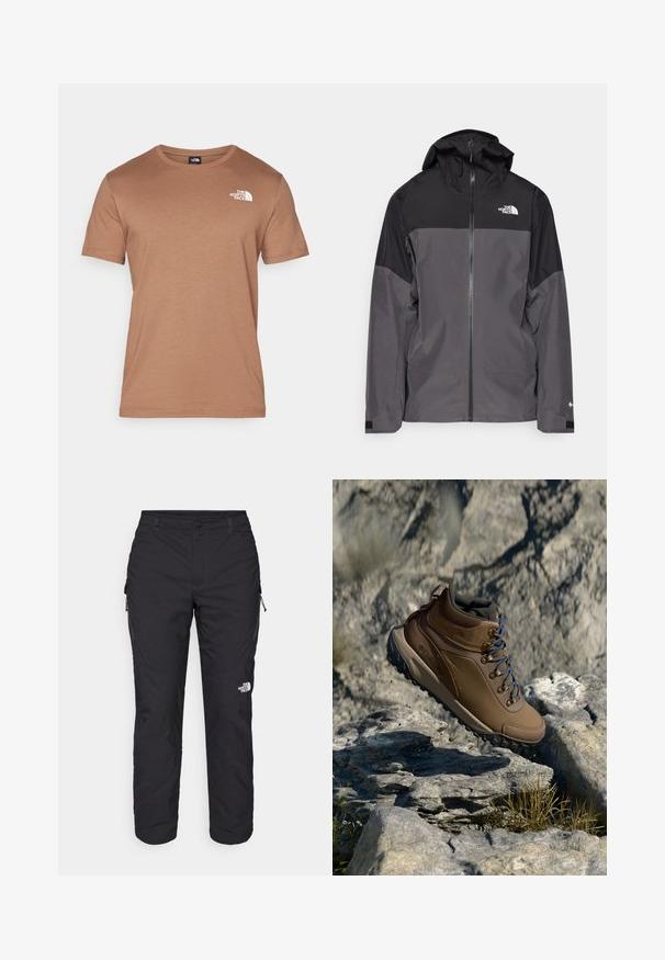 Pelēks ūdensnecaurlaidīgs mētelis ar melnu augšējo daļu, ar rāvējslēdzēja priekšpusi, regulējamu kapuci un elastīgām aprocēm. Iekļauj logotipu uz krūtīm un piedurknēm.; Brūna īsām piedurknēm t-krekls, izgatavots no mīksta materiāla, ar apaļu apkakli un baltu logo kreisajā krūšu daļā. Gluda tekstūra un minimālistisks dizains.; The North Face WINTER EXPLORATION TAPERED CARGO - Āra bikses - black; Brūns pārgājienu zābaks ar teksturētu sintētisko virsotni, polsterētu apkakli, ziliem šņorēm un izturīgu apakšpusi, novietots akmeņainā vidē.