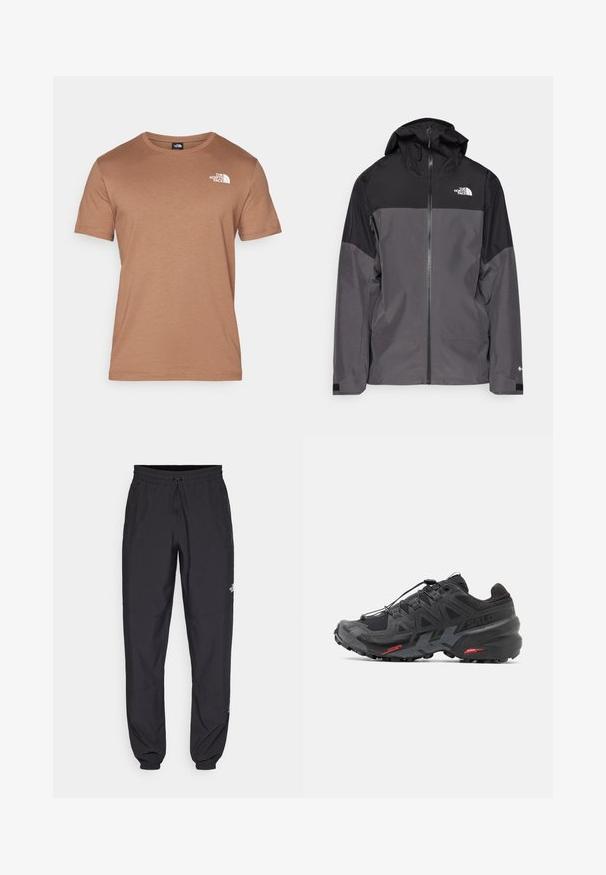 Γκρίζα αδιάβροχη ζακέτα με μαύρο πάνω τμήμα, με φερμουάρ μπροστά, ρυθμιζόμενη κουκούλα και ελαστικούς καρπούς. Περιλαμβάνει λογότυπο στο στήθος και στο μανίκι.; Καφέ κοντομάνικο μπλουζάκι από μαλακό υλικό, με λαιμόκοψη και λευκό λογότυπο στην αριστερή περιοχή του στήθους. Λείο υφή και μινιμαλιστικός σχεδιασμός.; Μαύρη αθλητική παντελόνι κατασκευασμένο από ελαφρύ ύφασμα, με ζώνη που ρυθμίζεται με κορδόνι, πλευρικές τσέπες και στενές μανσέτες στους αστραγάλους.; Μαύρο παπούτσι τρεξίματος με συνθετικό επάνω μέρος, υφή σχέδιο και αντίθετες κόκκινες λεπτομέρειες. Διαθέτει ασφαλές σύστημα κορδονιών και ανθεκτική σόλα.