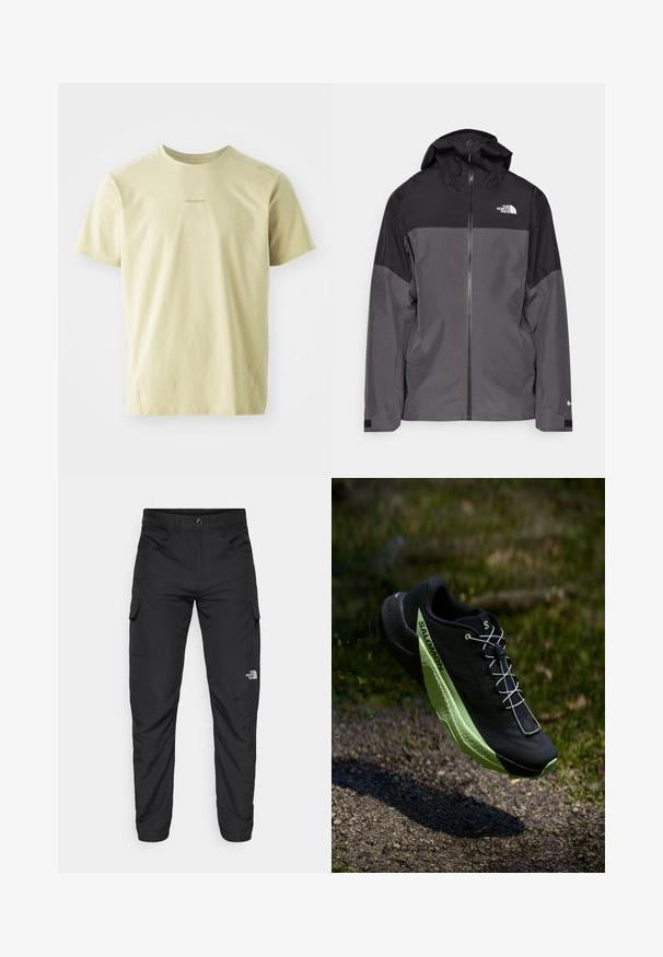 Hallide hall matroos jope, millel on must ülemine osa, lukuga esiosa, reguleeritav kapuuts ja elastsed varrukad. Selles on rinnal ja varrukal logo.; Salomon TRACKLINE TEE - Spordi T-särk - gray green; The North Face HORIZON PANT - Õuepüksid - black; Mustad must jooksujalats musta värviga, millel on tekstuuriga pind ja rohelised detailid. Omab kerget disaini ja unikaalset mustrit põrandal, mis tagab haarde.
