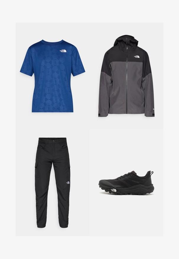 Casaco impermeável cinza com uma seção superior preta, fecho éclair à frente, capuz ajustável e punhos elásticos. Apresenta um logo no peito e na manga.; Camisa azul de manga curta com um padrão geométrico texturizado e um logótipo branco no canto superior esquerdo. Feita de um material leve e respirável.; The North Face HORIZON PANT - Calças para exterior - black; Sapatilha de trail running preta com um upper texturizado, sola de borracha e biqueira reforçada. Possui um colarinho acolchoado e uma alça para facilitar o calçar.