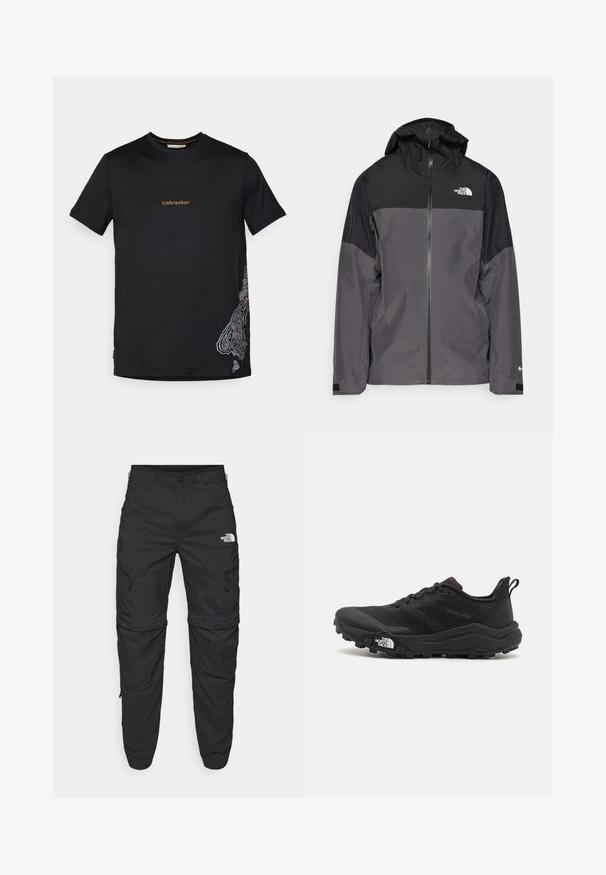 Hallide hall matroos jope, millel on must ülemine osa, lukuga esiosa, reguleeritav kapuuts ja elastsed varrukad. Selles on rinnal ja varrukal logo.; Must musta särk, millel on lühikesed varrukad, millel on rinnal oranž tekst "icebreaker" ja valge topograafiline kaart all paremas nurgas.; The North Face EXPLORATION TAPERED CONVERTIBLE - Õuepüksid - black; Must tume jooksujalats musta värvi, tekstuurse ülemise osaga, kummist tallaga ja tugevdatud varbaga. Omab pehmendusega krae ja tõmblinti mugavaks selga panemiseks.