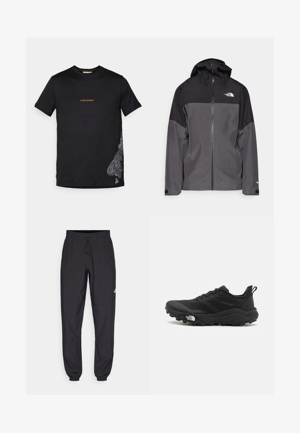 Šedá nepremokavá bunda s čiernou hornou časťou, so zipsom vpredu, nastaviteľnou kapucňou a elastickými manžetami. Obsahuje logo na hrudi a rukáve.; Čierne tričko s krátkym rukávom so žltým nápisom "icebreaker" na hrudi a bielym topografickým mapovým dizajnom v pravom dolnom rohu.; Čierne športové nohavice vyrobené z ľahkej tkaniny, s elastickým pásom na šnurovanie, bočnými vreckami a zúženými manžetami na členkoch.; Čierne trailové behacie topánky s štruktúrovaným zvrškom, gumovou podrážkou a vystuženou špičkou. Obsahuje polstrovaný golier a úchyt na jednoduché obúvanie.