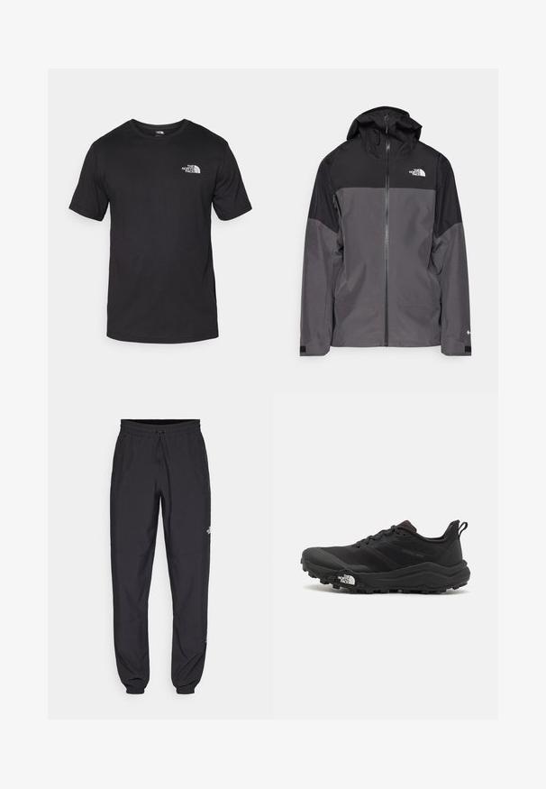 Grå vattentät jacka med svart övre del, dragkedja fram, justerbar huva och elastiska ärmslut. Har logotyp på bröstet och ärmen.; Svart t-shirt med kort ärm gjord av bomull, med rund halsringning och en liten vit logotyp på övre vänstra bröstområdet.; Svarta träningsbyxor tillverkade av lättviktsmaterial, med dragsko i midjan, sidofickor och avsmalnande muddar vid anklarna.; Svart terränglöparsko med en strukturerad ovandel, gummisula och förstärkt tåhätta. Har en vadderad krage och en dragflik för enkel påtagning.