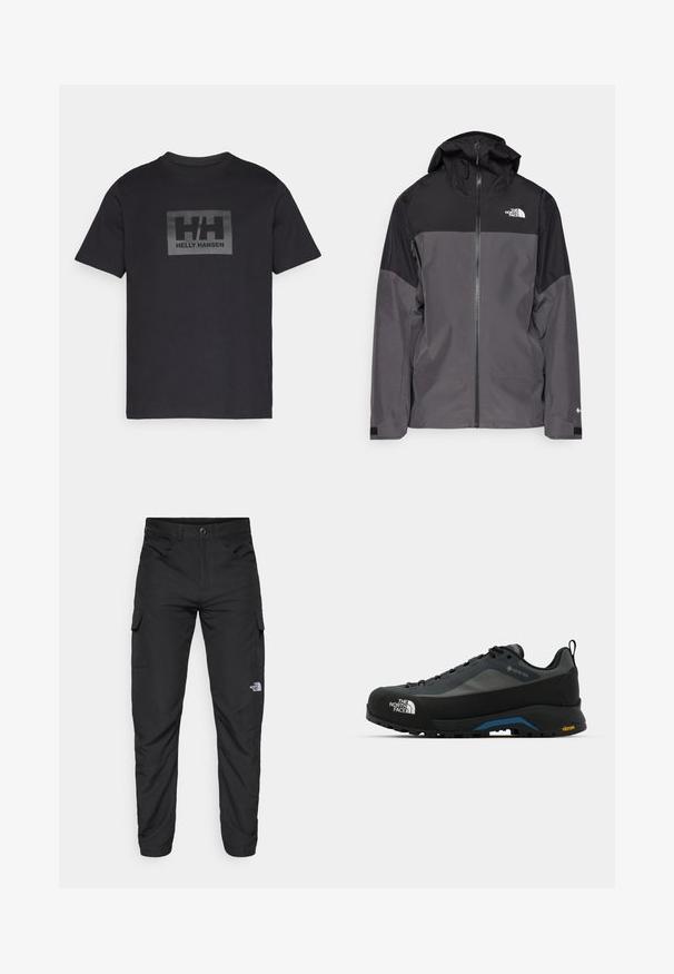 Šedá nepromokavá bunda s černou horní částí, zipem vpředu, nastavitelnou kapucí a elastickými manžetami. Na hrudi a rukávu je logo.; Černé bavlněné tričko s krátkým rukávem, se středovým obdélníkovým šedým logem, na kterém je zobrazeno "HH" a "HELLY HANSEN" pod ním.; The North Face HORIZON PANT - Outdoorové kalhoty - black; The North Face VERTO ALPINE GORE TEX - Trekingové boty - asphalt grey/tnf black
