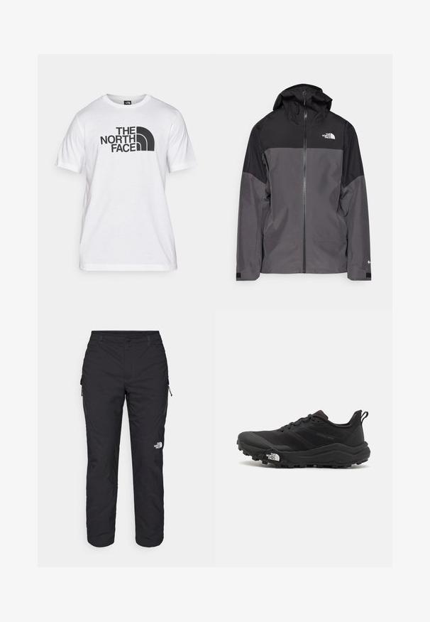 Casaco impermeável cinza com uma seção superior preta, fecho éclair à frente, capuz ajustável e punhos elásticos. Apresenta um logo no peito e na manga.; T-shirt de algodão branca com uma impressão gráfica preta que inclui texto e um design de logótipo curvado. Decote redondo e mangas curtas. Textura lisa.; The North Face WINTER EXPLORATION TAPERED CARGO - Calças para exterior - black; Sapatilha de trail running preta com um upper texturizado, sola de borracha e biqueira reforçada. Possui um colarinho acolchoado e uma alça para facilitar o calçar.