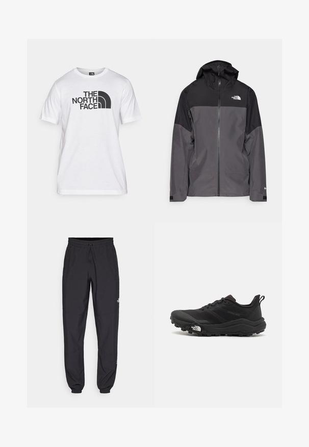 Grau wasserfeste Jacke mit schwarzem oberen Abschnitt, Reißverschluss vorne, verstellbarer Kapuze und elastischen Bündchen. Mit Logo auf der Brust und dem Ärmel.; Weißes Baumwoll-T-Shirt mit einem schwarzen Grafikdruck, der Text und ein geschwungenes Logodesign zeigt. Runder Halsausschnitt und kurze Ärmel. Schlichte Textur.; Schwarze Sporthosen aus leichtem Stoff, mit einem Kordelzugbund, seitlichen Taschen und schmal zulaufenden Bündchen an den Knöcheln.; Schwarzer Trailrunning-Schuh mit strukturiertem Obermaterial, Gummisohle und verstärkter Zehenkappe. Verfügt über einen gepolsterten Kragen und eine Ziehlasche für einfaches Anziehen.