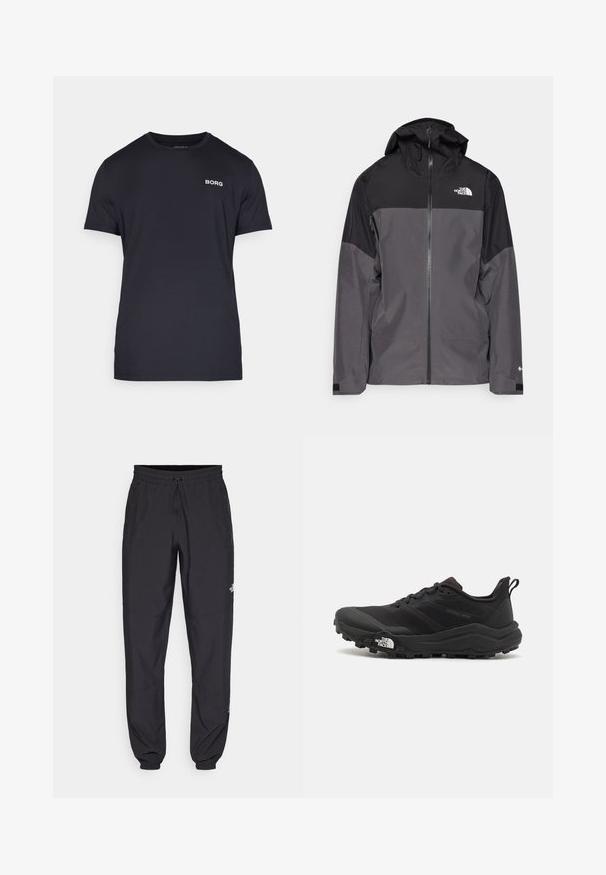 Pilkas vandeniui atsparus švarkas su juodu viršutiniu įdėklu, užtrauktuku priekyje, reguliuojamu gaubtu ir elastingomis rankovėmis. Yra logotipas ant krūtinės ir rankovės.; Juodas marškinėlis, pagamintas iš minkštos medžiagos, su apvalia iškirpte ir trumpomis rankovėmis. Baltas "BORG" logotipas kairėje krūtinės dalyje.; Juodos sportinės kelnės, pagamintos iš lengvos medžiagos, su raišteliu liemens srityje, šoniniais kišenėmis ir siaurėjantys apykaklės prie kulkšnies.; Juoda bėgimo batai su tekstūruotu paviršiumi, guma padais ir sustiprinta pirštų dalimi. Yra paminkštinta apykaklė ir kilpos, leidžiančios lengvai užsidėti.