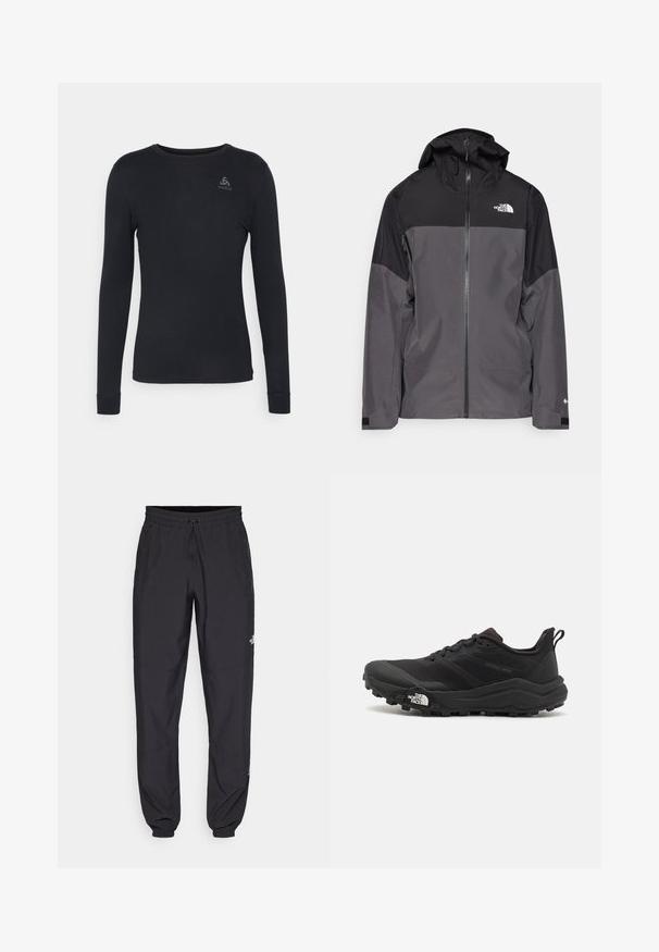 Siva vodoodbojna jakna z črnim zgornjim delom, zadrgo spredaj, nastavljivo kapuco in elastičnimi manšetami. Ima logotip na prsih in rokavih.; Črna srajca z dolgimi rokavi, izdelana iz gladkega materiala s krožnim izrezom, na zgornji levi strani prsi pa ima majhen sivi logotip.; Črne atletske hlače iz lahkega materiala, ki imajo elastični pas z vezalko, stranske žepe in zožene manšete na gležnjih.; Črne tekaške čevlje za trail s teksturirano zgornjega dela, gumijastim podplatom in ojačanim zaključkom prstov. Vključuje oblazinjen ovratnik in zanko za enostavno obuvanje.
