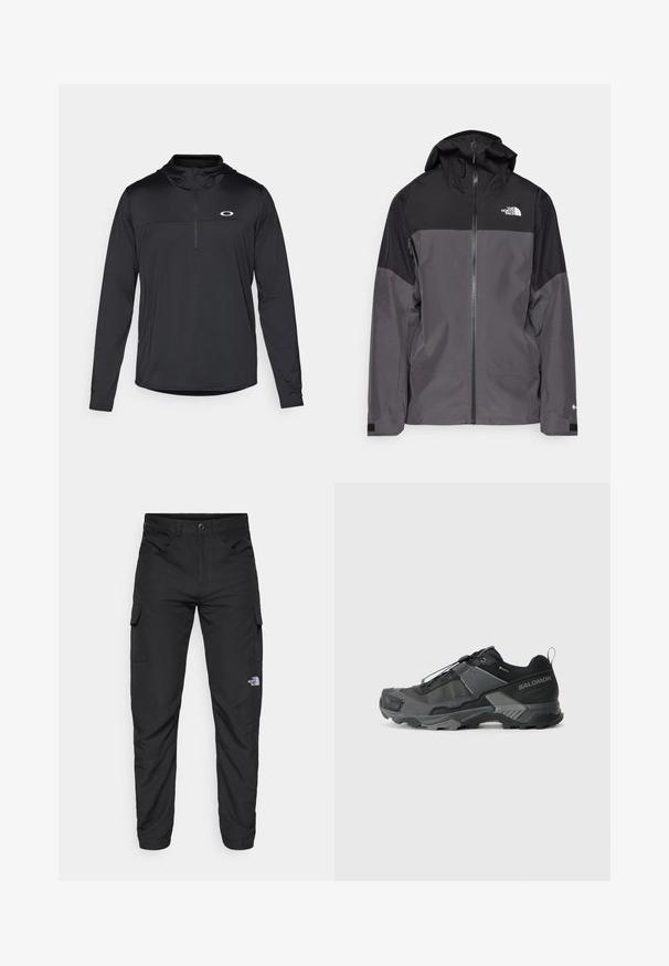 Grijze waterdichte jas met een zwart bovenstuk, een rits aan de voorkant, een verstelbare capuchon en elastische manchetten. Bevat logo op de borst en de mouw.; Zwarte lange mouwen pullover met een capuchon, voorzien van een kwart rits en een subtiel logo op de borst, gemaakt van lichtgewicht, ademend materiaal.; The North Face HORIZON PANT - Outdoorbroeken - black; Zwarte trailhardloopschoenen met een duurzame mesh bovenkant, versterkte neuskap, gestructureerde rubberen zool en elastisch vetersysteem voor een veilige pasvorm.