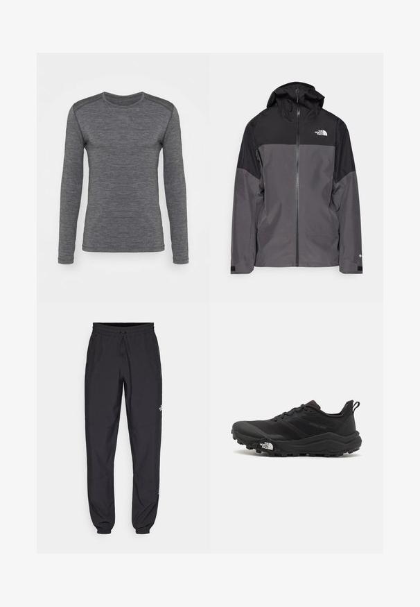 Casaco impermeável cinza com uma seção superior preta, fecho éclair à frente, capuz ajustável e punhos elásticos. Apresenta um logo no peito e na manga.; Camisa cinza de mangas compridas feita de um tecido suave, com decote redondo e textura contrastante nos ombros. Design simples e elegante.; Calças atléticas pretas feitas de tecido leve, com um cós ajustável por cordão, bolsos laterais e punhos afunilados nos tornozelos.; Sapatilha de trail running preta com um upper texturizado, sola de borracha e biqueira reforçada. Possui um colarinho acolchoado e uma alça para facilitar o calçar.