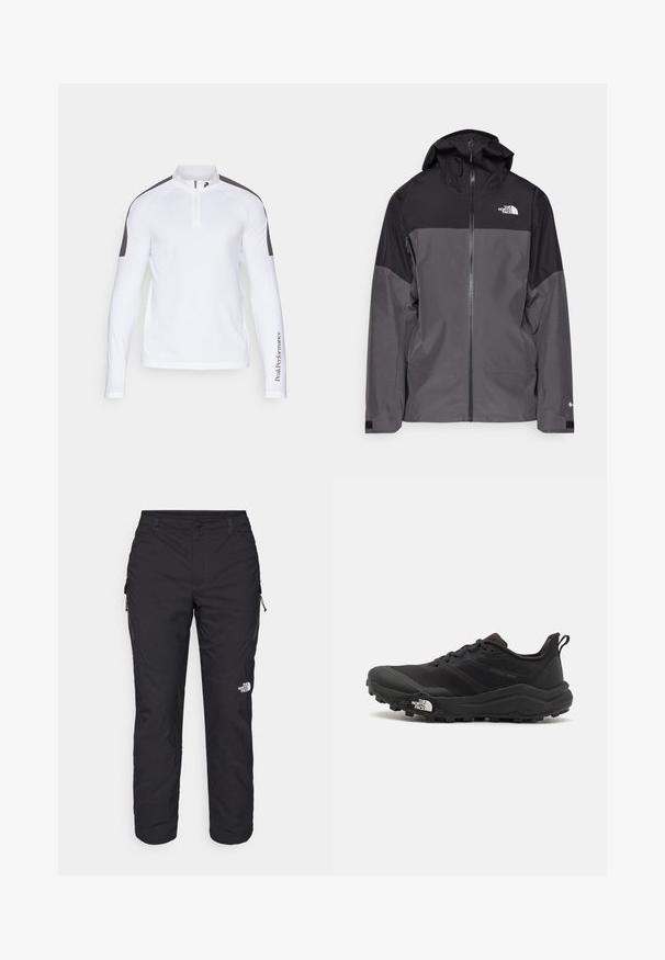 Casaco impermeável cinza com uma seção superior preta, fecho éclair à frente, capuz ajustável e punhos elásticos. Apresenta um logo no peito e na manga.; Camisa branca de manga longa com fecho de quarto e detalhes cinzas nos ombros. Apresenta um tecido liso e elástico, com um logo impresso na manga.; The North Face WINTER EXPLORATION TAPERED CARGO - Calças para exterior - black; Sapatilha de trail running preta com um upper texturizado, sola de borracha e biqueira reforçada. Possui um colarinho acolchoado e uma alça para facilitar o calçar.
