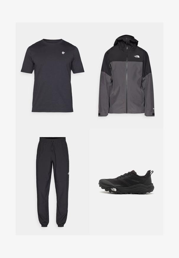 Siva vodoodbojna jakna z črnim zgornjim delom, zadrgo spredaj, nastavljivo kapuco in elastičnimi manšetami. Ima logotip na prsih in rokavih.; Majica s kratkimi rokavi, okroglim ovratnikom v temno sivi barvi, izdelana iz mehkega bombaža, z majhnim belim logotipom na levem prsnem delu. Preprost dizajn, brez vzorcev.; Črne atletske hlače iz lahkega materiala, ki imajo elastični pas z vezalko, stranske žepe in zožene manšete na gležnjih.; Črne tekaške čevlje za trail s teksturirano zgornjega dela, gumijastim podplatom in ojačanim zaključkom prstov. Vključuje oblazinjen ovratnik in zanko za enostavno obuvanje.