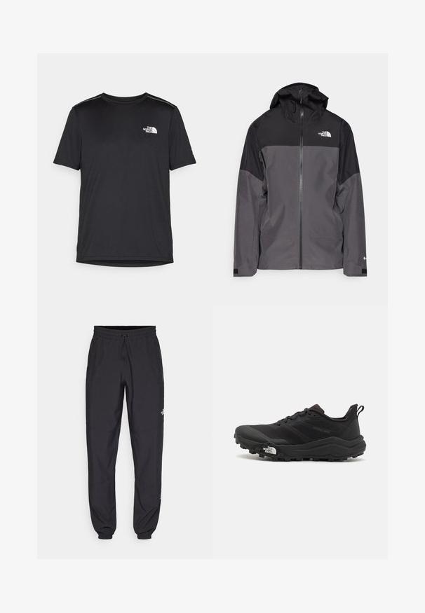 Grå vattentät jacka med svart övre del, dragkedja fram, justerbar huva och elastiska ärmslut. Har logotyp på bröstet och ärmen.; Svart kortärmad T-shirt i lättviktig tyg. Har en liten vit logotyp på vänster bröst och subtila axeltoner.; Svarta träningsbyxor tillverkade av lättviktsmaterial, med dragsko i midjan, sidofickor och avsmalnande muddar vid anklarna.; Svart terränglöparsko med en strukturerad ovandel, gummisula och förstärkt tåhätta. Har en vadderad krage och en dragflik för enkel påtagning.