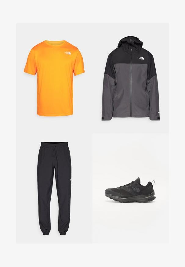 Grå vattentät jacka med svart övre del, dragkedja fram, justerbar huva och elastiska ärmslut. Har logotyp på bröstet och ärmen.; Kortärmad T-shirt i klar orange med rund halsringning. Tillverkad av andningsbart material, med en liten vit logotyp på den övre vänstra sidan.; Svarta träningsbyxor tillverkade av lättviktsmaterial, med dragsko i midjan, sidofickor och avsmalnande muddar vid anklarna.; Svart idrottssko med mesh-överdel, gummiyttersula och vadderad krage. Utrustad med snören, logotyp på sidan och en strukturerad design.