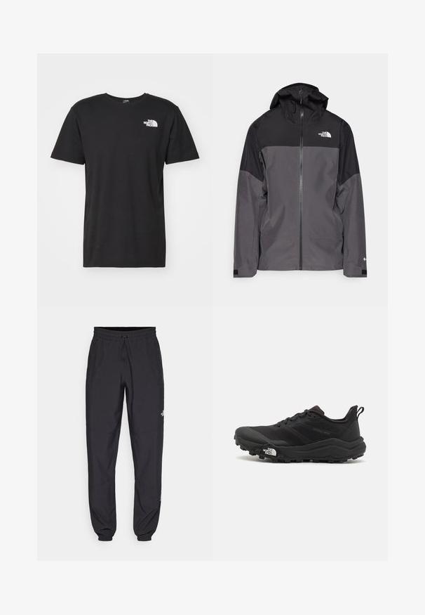 Gray waterproof jacket with a black upper section, zippered front, adjustable hood, and elastic cuffs. Features logo on chest and sleeve.; The North Face M SS BOX NSE TEE - Print T-shirt - black/optic emerald; Black athletic pants made from lightweight fabric, featuring a drawstring waistband, side pockets, and tapered cuffs at the ankles.; Black trail running shoe with a textured upper, rubber sole, and reinforced toe cap. Features a padded collar and pull tab for easy wear.
