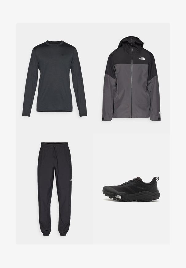 Grå vattentät jacka med svart övre del, dragkedja fram, justerbar huva och elastiska ärmslut. Har logotyp på bröstet och ärmen.; Långärmad skjorta i mörkgrått tyg, med rundad hals och subtil logodetalj. Slät textur med en figursydd form.; Svarta träningsbyxor tillverkade av lättviktsmaterial, med dragsko i midjan, sidofickor och avsmalnande muddar vid anklarna.; Svart terränglöparsko med en strukturerad ovandel, gummisula och förstärkt tåhätta. Har en vadderad krage och en dragflik för enkel påtagning.
