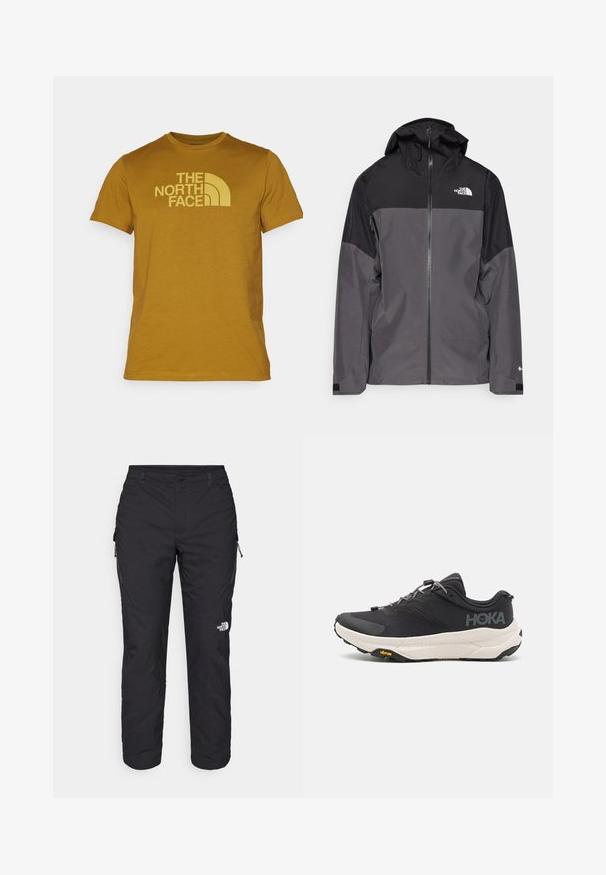 Grå vattentät jacka med svart övre del, dragkedja fram, justerbar huva och elastiska ärmslut. Har logotyp på bröstet och ärmen.; Senapsgul t-shirt i bomull med korta ärmar och rund halsringning. Visar "THE NORTH FACE"-logotypen i en ljusare gul nyans.; The North Face WINTER EXPLORATION TAPERED CARGO - Friluftsbyxor - black; Svart sportskor med en texturerad ovansida, grå detaljer, reflektiva inslag och en tjock vit sula med Vibram-märkning.