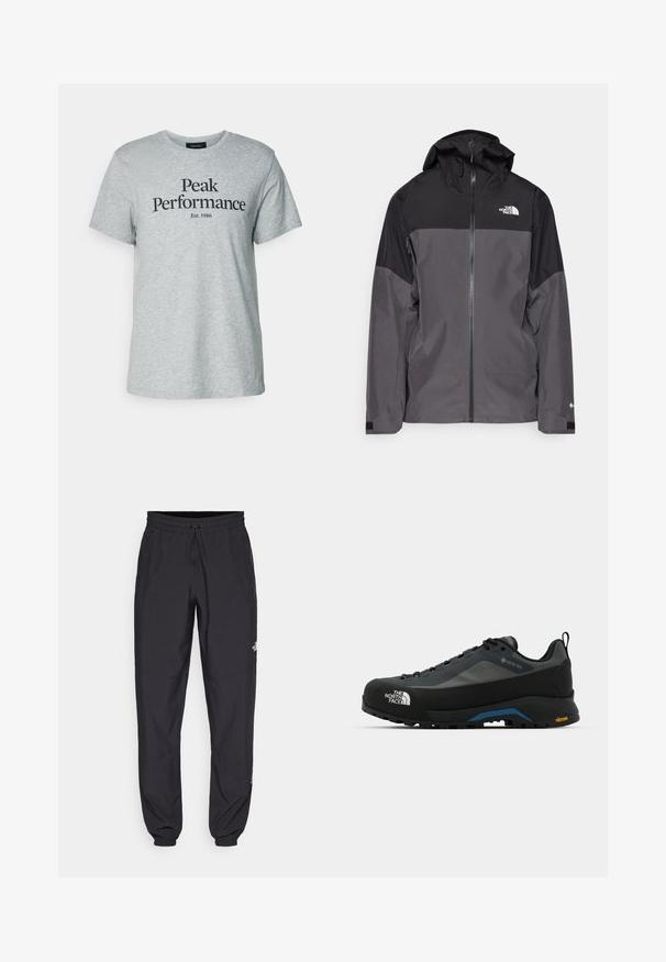Pelēks ūdensnecaurlaidīgs mētelis ar melnu augšējo daļu, ar rāvējslēdzēja priekšpusi, regulējamu kapuci un elastīgām aprocēm. Iekļauj logotipu uz krūtīm un piedurknēm.; Pelēka kokvilnas T-kreklā ar īsām piedurknēm un apaļu kakla izgriezumu, uz kura priekšpuses ir melns uzraksts "Peak Performance Est. 1986".; Melni sporta bikses, kas izgatavotas no viegla auduma, ar savelcamu jostu, sānu kabatām un sašaurinātiem apakšējiem galiem pie potītēm.; The North Face VERTO ALPINE GORE TEX - Pārgājienu apavi - asphalt grey/tnf black
