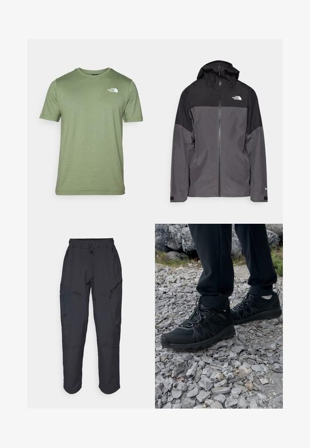 Casaco impermeável cinza com uma seção superior preta, fecho éclair à frente, capuz ajustável e punhos elásticos. Apresenta um logo no peito e na manga.; Camiseta de manga curta verde oliva feita de tecido suave. Possui um decote redondo e um logotipo branco no lado esquerdo do peito. Textura suave por todo o material.; Calças cargo pretas feitas de um material leve e resistente à água; apresentam uma cintura elástica, múltiplos bolsos com fecho e pernas ajustadas.; Sapatos pretos para exterior, feitos de material em malha e sintético, com um cabedal texturizado, sistema de atilho seguro e uma sola robusta, sobre terreno rochoso.