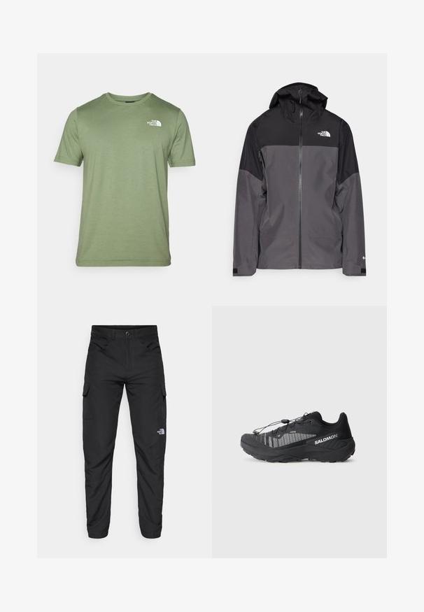 Pelēks ūdensnecaurlaidīgs mētelis ar melnu augšējo daļu, ar rāvējslēdzēja priekšpusi, regulējamu kapuci un elastīgām aprocēm. Iekļauj logotipu uz krūtīm un piedurknēm.; Olivu zaļā īsām piedurknēm T-kreklā, kas izgatavots no mīkstas auduma. Tam ir apaļa izgriezuma kakla līnija un balts logs uz kreisā krūts. Gluda tekstūra visā kreklā.; The North Face HORIZON PANT - Āra bikses - black; Melnas takasmēru skriešanas kurpes ar teksturētu sietu augšdaļu, atstarojošiem elementiem, mīkstinātu zoli un elastīgu šņorēšanas sistēmu. Logo sānos.