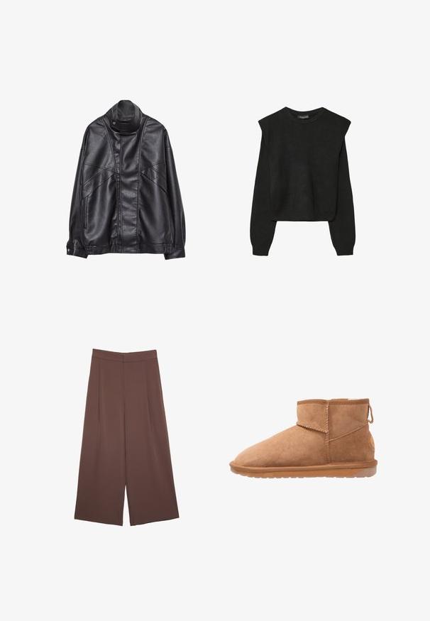 Giacca in pelle nera con collo alto e bottone a scatto, tasche con zip sui lati e cuciture dettagliate sul davanti e sulle maniche.; Maglione nero a maniche lunghe in maglia con spalle imbottite e polsini e orlo a coste, mostrato su uno sfondo bianco.; Pantaloni ampi marroni con una texture liscia, caratterizzati da una vita alta e pieghe frontali. Il tessuto è leggero e scorre liberamente.; Stivaletti alla caviglia in suede beige con punta arrotondata, cuciture a vista e suola in gomma. Presentano un tassello sul retro per indossarli facilmente.