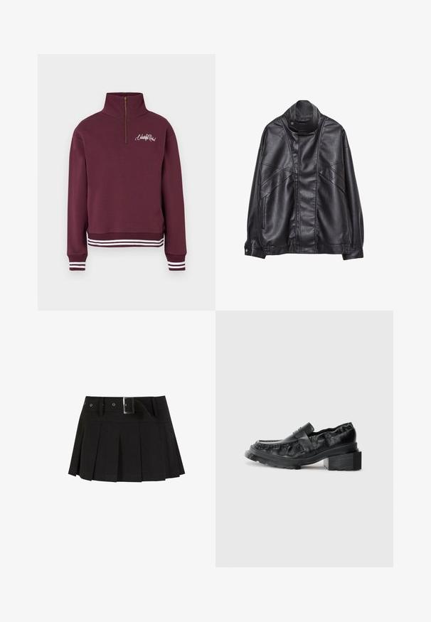 Schwarze Lederjacke mit hohem Kragen und Druckknopf, Reißverschlusstaschen an den Seiten und detaillierterStickerei an der Vorderseite sowie an den Ärmeln.; Bordeauxroter Pullover-Sweatshirt, hoher Kragen mit halbem Reißverschluss, weiß gestreifte gerippte Bündchen und Saum, mit einem Schriftzug-Logo auf der Brust.; Schwarzer plissierter Rock mit einem Gürtel. Aus einem glatten Stoff gefertigt, mit einer silbernen Schnalle und einem strukturierten Bund für zusätzlichen Stil.; Schwarze Lederloafer mit einer strukturierten Sohle, die über einen leicht erhöhten Blockabsatz und ein strukturiertes Obermaterial verfügen, das mit einem vorderen Riemen gesichert ist.