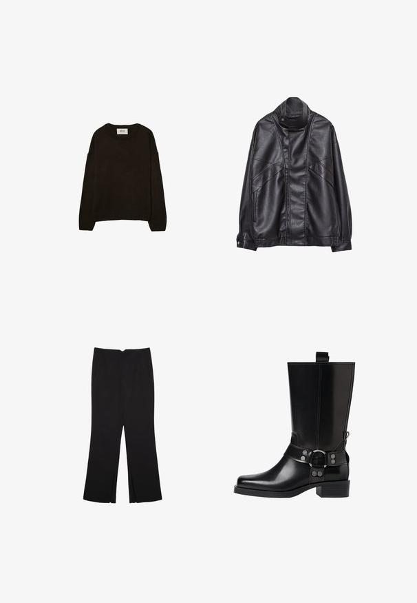 Zwarte leren jas met hoge kraag en drukknoop, ritszakken aan de zijkanten en gedetailleerde stiksels op de voorkant en mouwen.; Donkerbruin gebreide trui met een ronde halslijn, verlaagde schouders, ribbelmanchetten en -zoom, met een zachte textuur en een ontspannen pasvorm.; Zwarte broek met een rechte pasvorm, voorzien van zijzakken en plooien aan de onderzijde. Gemaakt van zachte, gladde stof. Geschikt voor verschillende gelegenheden.; Zwarte leren kniehoog laars met een puntige neus, zilverkleurige gesp accentuaties en een stevige hak. Beschikt over een trekband voor eenvoudig aan- en uittrekken.