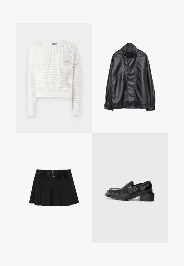 Svart läderjacka med hög krage och tryckknapp, fickor med dragkedja på sidorna och detaljerad sömnad på framsidan och ärmarna.; Vit stickad tröja med en texturerad mönster, rund halsringning, långa ärmar och ribbad mudd och nederkant. Kort design.; Svart plisserad kjol med bälte. Tillverkad av ett mjukt tyg, med en silverfärgad spänne och en strukturerad midja för extra stil.; Svarta läderloafers med en strukturerad sula, som har en något upphöjd klack och en texturerad ovandel, säkrad med ett framgående band.